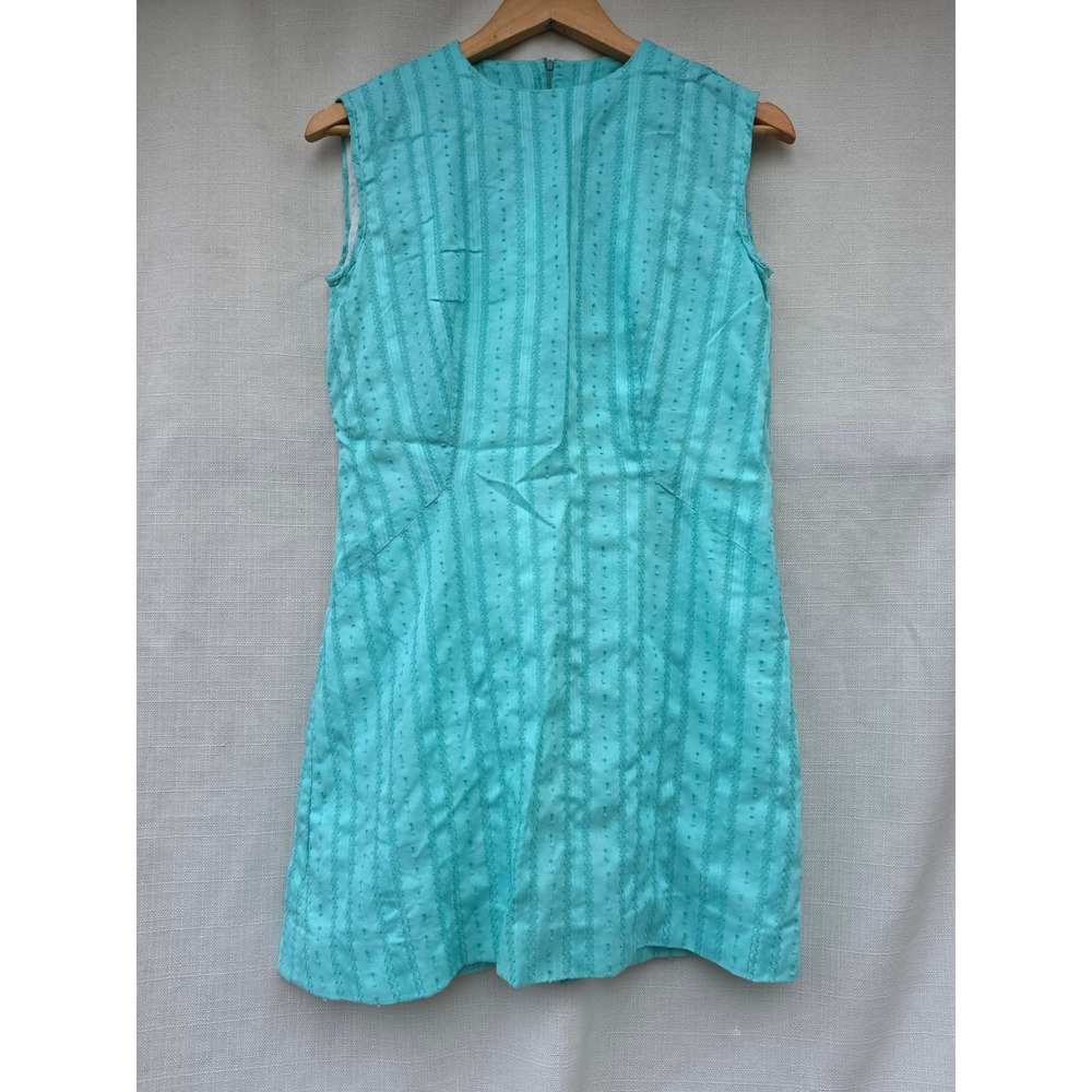 VTG 1960s Mod Mini Dress Aqua Pastel Swiss Dot Go Go Shift Twee Rockabilly